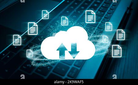 Dark and blue keyboard laptop with digital cloud computing diagram interface. Data storage. Cloud technology management big data. Stock Photo