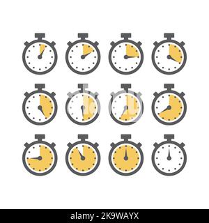 Timer or stopwatch with minutes scale icon set. Chronometer for time, clock symbol set. Stock Vector