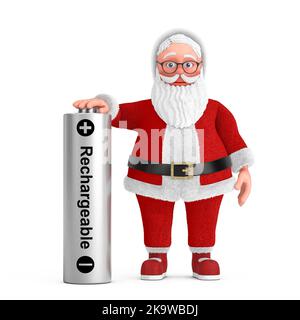 Cartoon Cheerful Santa Claus Granpa with Rechargeable Battery on a white background. 3d Rendering Stock Photo