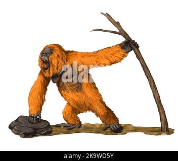 Prehistoric primates gigantopithecus. Giant orangutan. Ancestors of humans illustration. Stock Photo