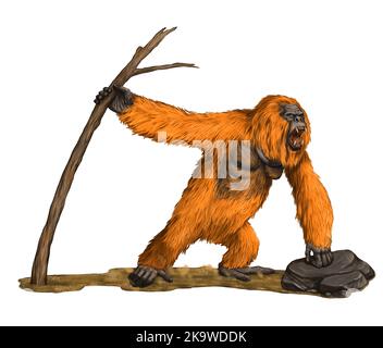 Prehistoric primates gigantopithecus. Giant orangutan. Ancestors of humans illustration. Stock Photo