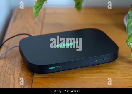 Now Tv internet router with a wired connection providing wifi at home. Theme: broadband provider, telecoms regulator, wireless internet, router Stock Photo