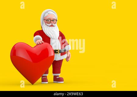 Cartoon Cheerful Santa Claus Granpa with Red Heart on a yellow background. 3d Rendering Stock Photo