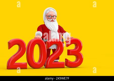 Cartoon Cheerful Santa Claus Granpa with Red 2023 New Year Sign on a yellow background. 3d Rendering Stock Photo