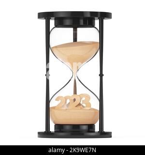 New 2023 Year Concept. Sand Falling in Hourglass Taking the Shape to 2023 year on a white background. 3d Rendering Stock Photo