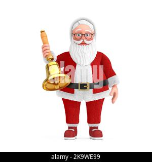 Cartoon Cheerful Santa Claus Granpa with Vintage Golden School Bell on a white background. 3d Rendering Stock Photo