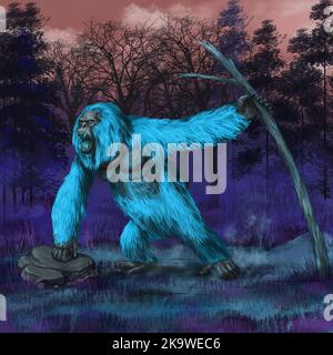 Ape-like creature - Yeti. Giant primate the Abominable Snowman. Digital illustration. Stock Photo