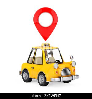 Yellow Cartoon Taxi Car with Red Map Pointer Pin on a white background. 3d Rendering Stock Photo