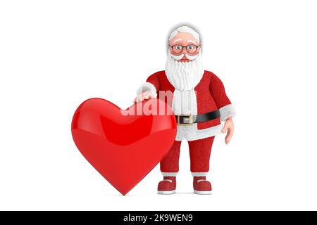 Cartoon Cheerful Santa Claus Granpa with Red Heart on a white background. 3d Rendering Stock Photo