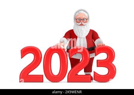 Cartoon Cheerful Santa Claus Granpa with Red 2023 New Year Sign on a white background. 3d Rendering Stock Photo