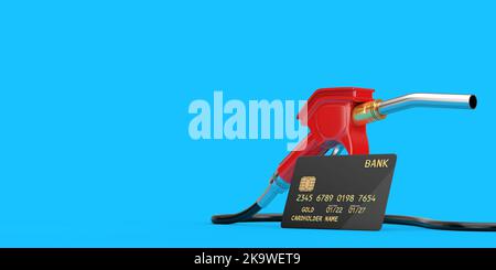 Gasoline Pistol Pump Fuel Nozzle, Gas Station Dispenser and Black Plastic Golden Credit Card with Chip on a blue background. 3d Rendering Stock Photo