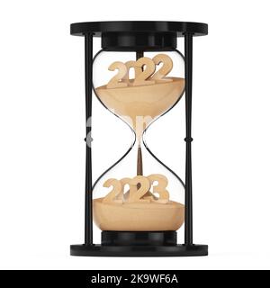 New 2023 Year Concept. Sand Falling in Hourglass Taking the Shape from 2022 to 2023 year on a white background. 3d Rendering Stock Photo