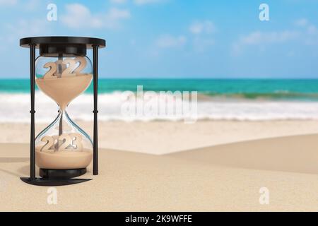 2023 New Year Vacation Concept.  Sand Falling in Hourglass Taking the Shape from 2022 to 2023 year on an Ocean Deserted Coast extreme closeup. 3d Rend Stock Photo