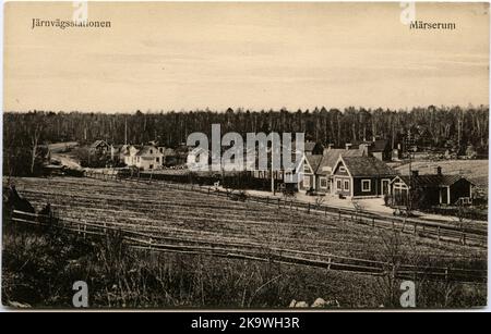 View of the railway station and the surrounding area. Traffic area built in 1887. One -story station house in wood, with two gables towards the track. Stock Photo