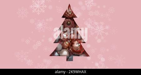 Christmas tree cut out of pink paper and balls, top view Stock Photo