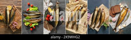 Set of tasty smoked mackerel fish on table Stock Photo