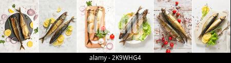 Set of tasty smoked mackerel fish on light background Stock Photo