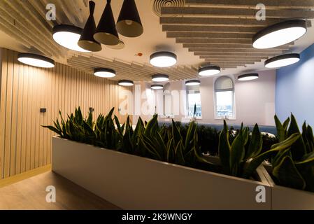 Meeting zone in the office in a loft style with white brick walls and concrete columns. Zone has a large wooden table with gray chairs and glass parti Stock Photo