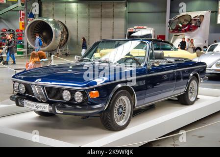 SPEYER, GERMANY - OCTOBER 2022: blue BMW E9 2800 CS 1968 retro car in the Technikmuseum Speyer.