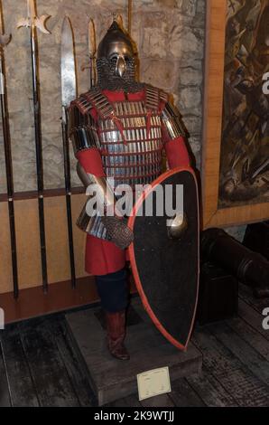 Noble warrior. Portrait of one medeival warrior or knight in armor and helmet with shield and sword posing isolated over dark background. Stock Photo