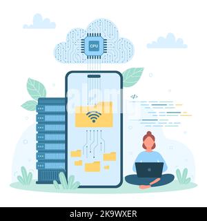 Files and document download and management vector illustration. Cartoon tiny person connecting mobile phone and cloud storage to upload and copy folders, remote access for system backup and archive Stock Vector