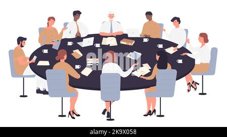 Work meeting, business negotiation, conference, group discussion. Politicians, directors or corporate leaders people negotiate, sitting round table discussing ideas vector illustration. Stock Vector