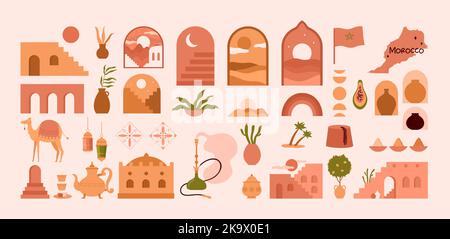 Travel to Morocco set vector illustration. Cartoon isolated abstract Moroccan art and culture symbols, Marrakech city building with terracotta doors and arches, map and flag, pottery and camels Stock Vector