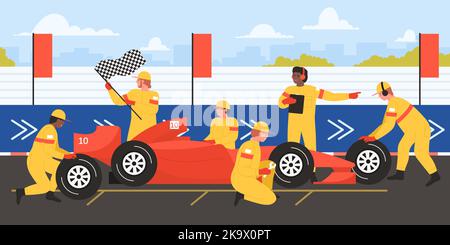 Car repair at sport races by professional team of mechanics in uniform vector illustration. Cartoon workers of technical maintenance crew with equipment change tires of red fast automobile on track Stock Vector