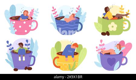 Morning coffee cups with sleepy tired funny people set vector illustration. Cartoon isolated big mugs with lazy and exhausted male and female tiny characters without energy in need rest and sleep Stock Vector
