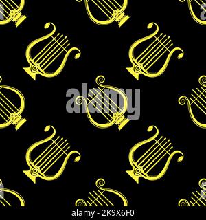 Yellow Lyre Musical Seamless Pattern on Black Background Stock Vector