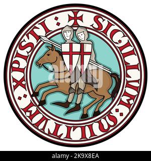 Sign Of The Knight Templars. Two knight Crusader on horseback with spears, in a circle from the text of the slogan of the knights Templar Stock Vector
