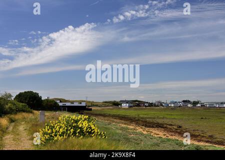 Houseboats beside The Kench on Hayling Island at low tide. Stock Photo