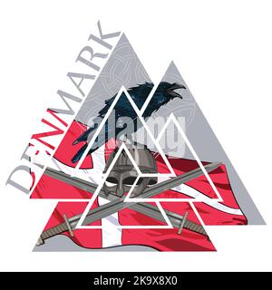 Valknut ancient pagan Nordic Germanic symbol and Denmark flag Stock Vector