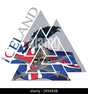 Valknut ancient pagan Nordic Germanic symbol, Iceland flag, Raven and Viking weapons Stock Vector