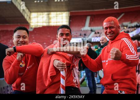 Middlesbrough, UK. 30th Oct, 2022. Tonga fans dancing ahead of the Rugby League World Cup 2021 Group D match Tonga vs Cook Islands at Riverside Stadium, Middlesbrough, United Kingdom, 30th October 2022 (Photo by Mark Cosgrove/News Images) Credit: News Images LTD/Alamy Live News Stock Photo