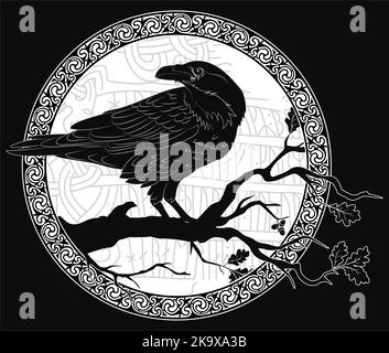Black crow sitting on a branch of an oak tree, and Scandinavian runes, carved into stone Stock Vector