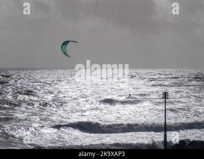 Sidmouth, Devon, 30th Oct 2022 Strong winds found excellent conditions for wind surfers at Sidmouth in Devon today. Tony Charnock/Alamy Live News Stock Photo