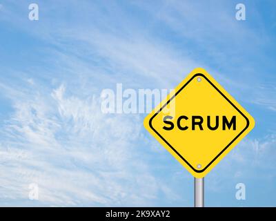 Yellow transportation sign with word scrum on blue color sky background Stock Photo