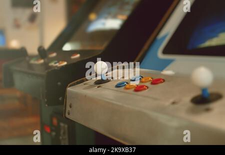 Joystick on arcade video game machine. Stock Photo