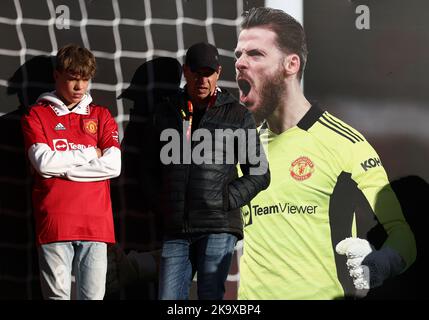 Manchester, UK. 30th Oct, 2022. Manchester United fans stands stand in front of a picture of David De Gea before the Premier League match at Old Trafford, Manchester. Picture credit should read: Darren Staples/Sportimage Credit: Sportimage/Alamy Live News Stock Photo