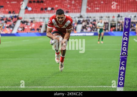 Middlesbrough, UK. 30th Oct, 2022. Daniel Tupou of Tonga during the Rugby League World Cup 2021 Group D match Tonga vs Cook Islands at Riverside Stadium, Middlesbrough, United Kingdom, 30th October 2022 (Photo by Mark Cosgrove/News Images) Credit: News Images LTD/Alamy Live News Stock Photo