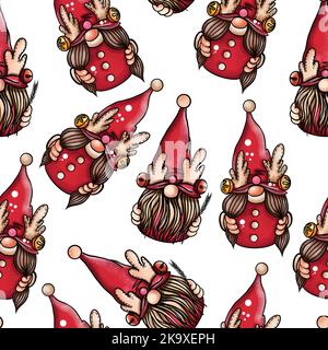 Seamless pattern illustration of a gnome with a beard in a hat. New year and christmas symbol on white isolated background. High quality illustration Stock Photo