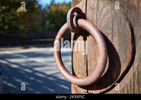 Door handle steel rusty round knocker with gossamer selective focus on brown old wooden entrance door with out of focus summer nature background with Stock Photo