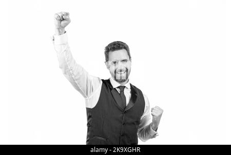 happy bearded elegant man isolated on white background, success Stock Photo