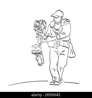 line art professional video operator films event with camera mounted on stabilized vest illustration vector hand drawn isolated on white background Stock Vector