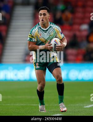 Cook Islands' Kayal Iro during the Rugby League World Cup group D match ...