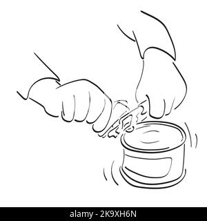 line art closeup hands using a can opener illustration vector hand drawn isolated on white background Stock Vector