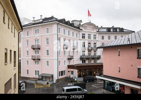 Famous stately hotel 'Bernina 1865' in the town of Samedan in the Swiss canton of Graubünden (Grisons). Stock Photo