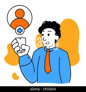 Help, support, partner in new medicine project. Vector illustration with young ambitious smart manager. Business, finance, minimalism, team, managment Stock Vector
