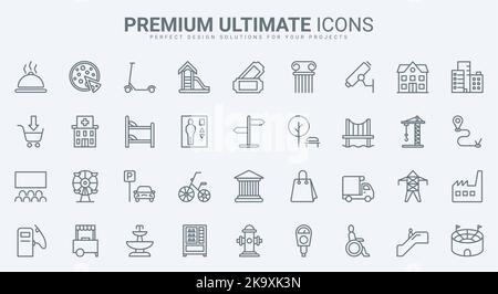 Public city building, infrastructure and facility thin line icons set vector illustration. Abstract outline residential and recreation area, cityscape symbols, skyscrapers and transport, commerce Stock Vector
